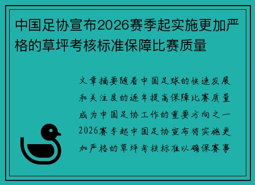 中国足协宣布2026赛季起实施更加严格的草坪考核标准保障比赛质量 中国足协宣布2026赛季起实施更加严格的草坪考核标准保障比赛质量