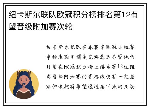 纽卡斯尔联队欧冠积分榜排名第12有望晋级附加赛次轮