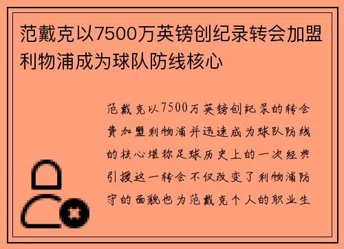 范戴克以7500万英镑创纪录转会加盟利物浦成为球队防线核心
